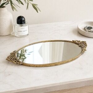 Vintage Gold Filigree Mirror Vanity Tray Oval Cherub Angel Handles Regency Style